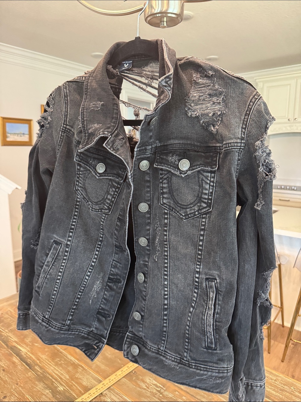 True Religion Distressed Black Denim Jacket - Button Front